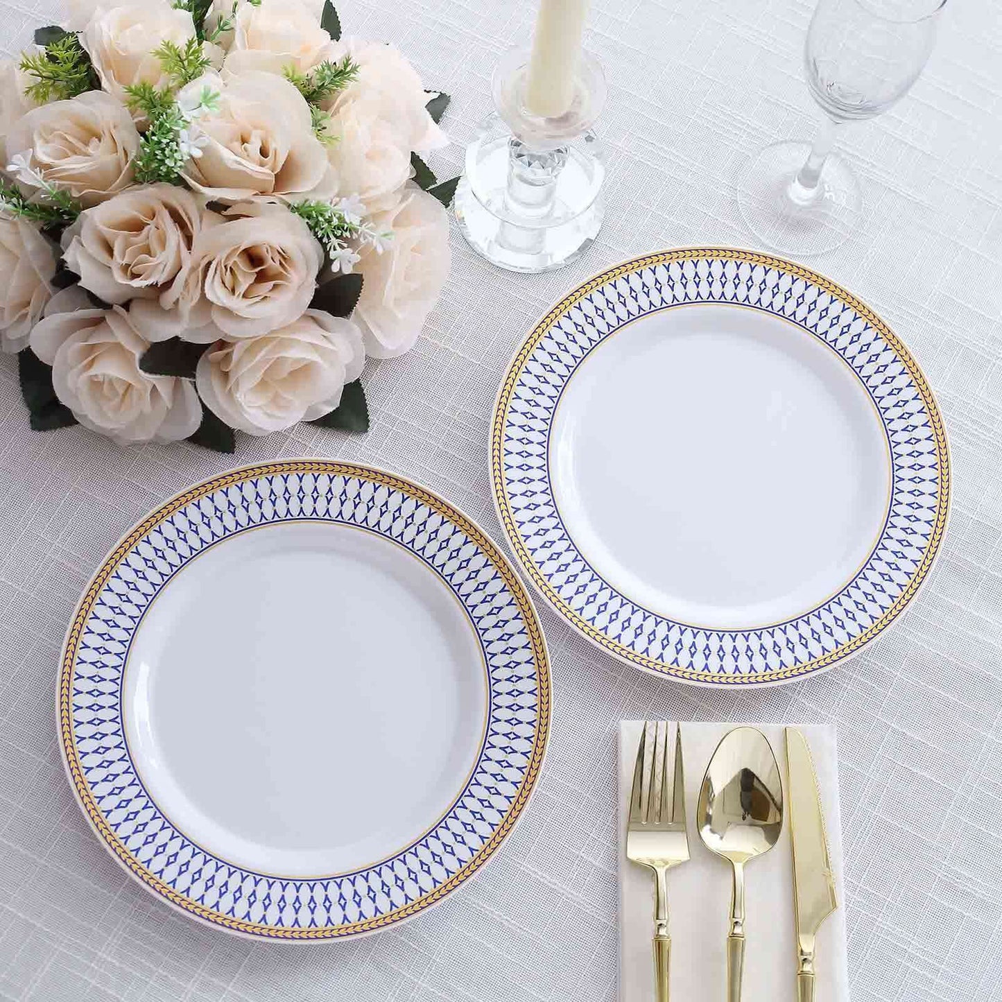 10-Pack Plastic 9" Round Dinner Plates in White with Gold Navy Blue Chord Rim - Renaissance Style Disposable Plates for Events & Banquets