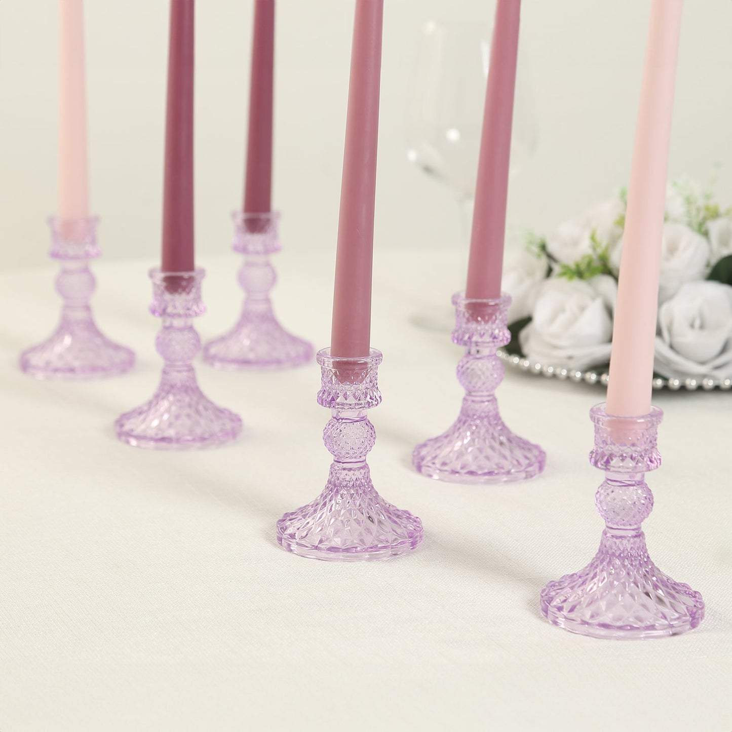 6-Pack Glass Taper Candlestick Holders Diamond Pattern Design Lavender Lilac - Reversible Crystal Pillar Votive Stands 4"