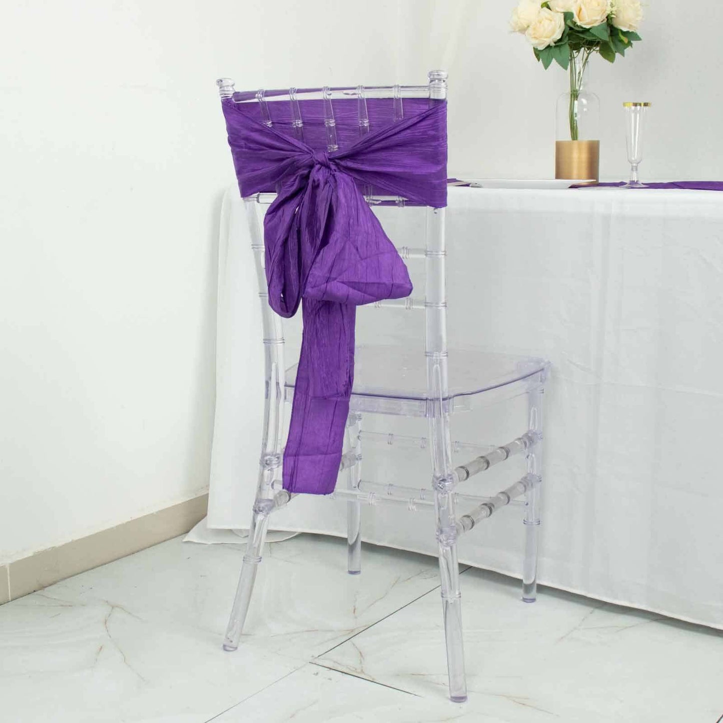 5 Pack Taffeta 6"x106" Chair Sashes Purple Accordion Crinkle Texture - Stylish Decor for Weddings & Gatherings