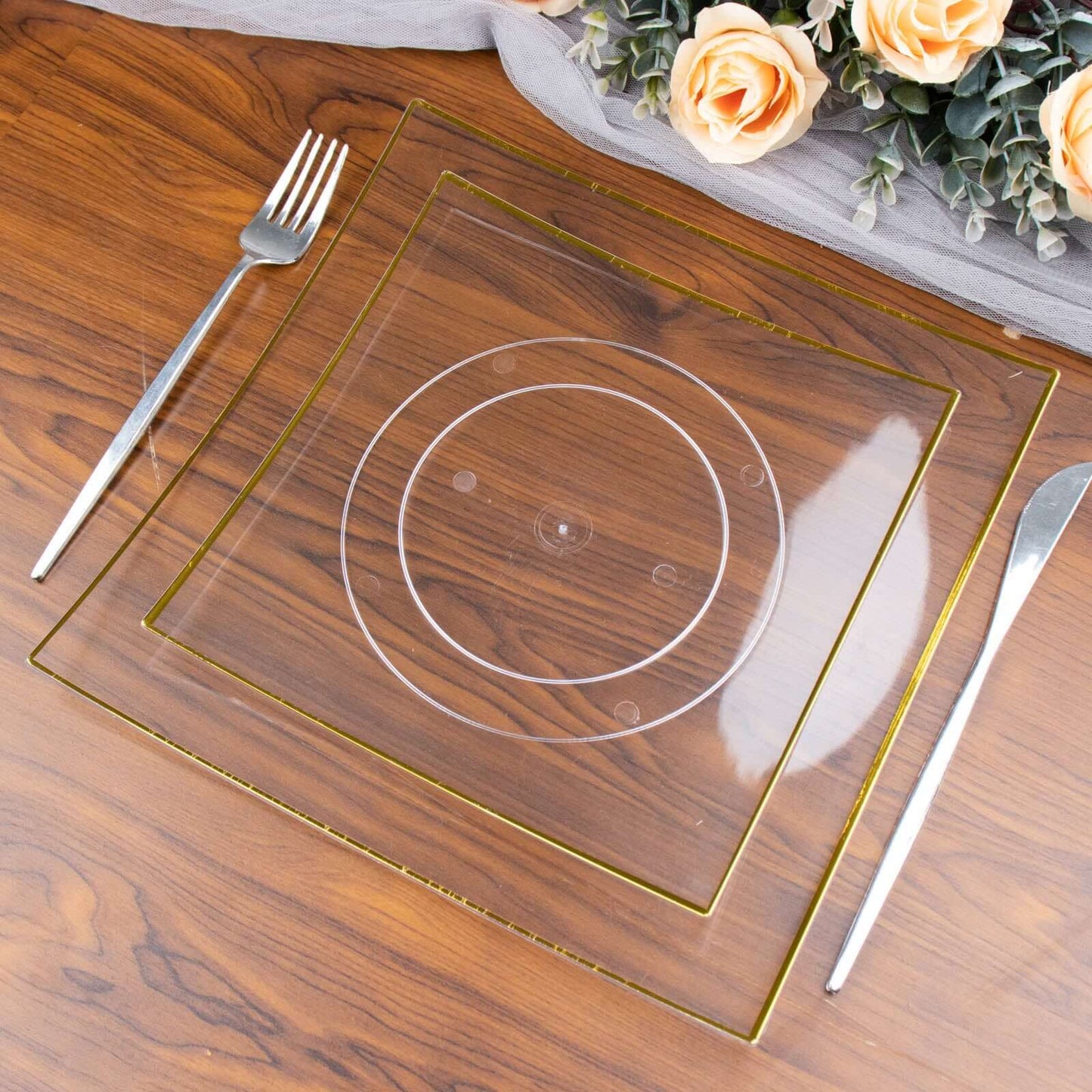 10-Pack Plastic 8" Square Dessert Plates in Clear Concave Style with Gold Rim - Modern Disposable Salad Appetizer Party Plates