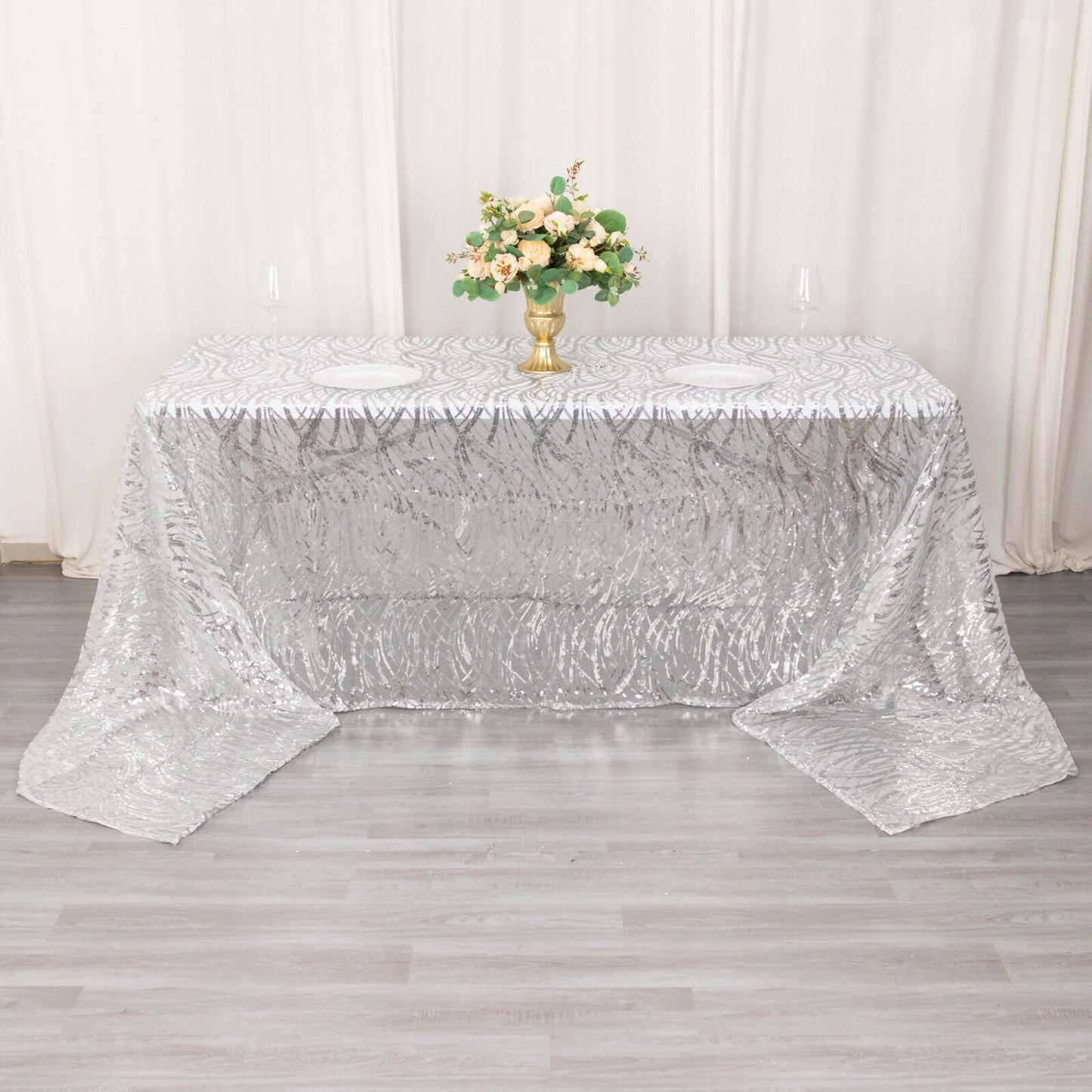 Mesh 90"x156" Rectangle Tablecloth Silver - Wave Sequin Embroidered Table Cover
