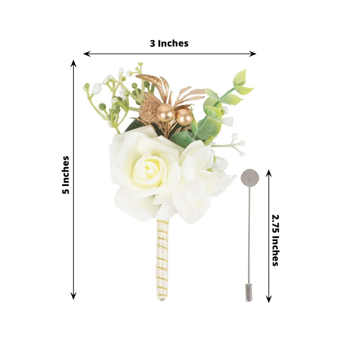 2 Pack White Artificial Rose Boutonniere With Pin, 5" Real Touch Silk Flower Pocket Square