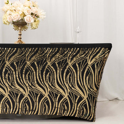 Sequin Stretch Spandex 72"x30" Rectangle Tablecloth Black/Gold Wave Embroidered Design Four-Way Stretch Shimmering Table Cover for Luxe Event Decor