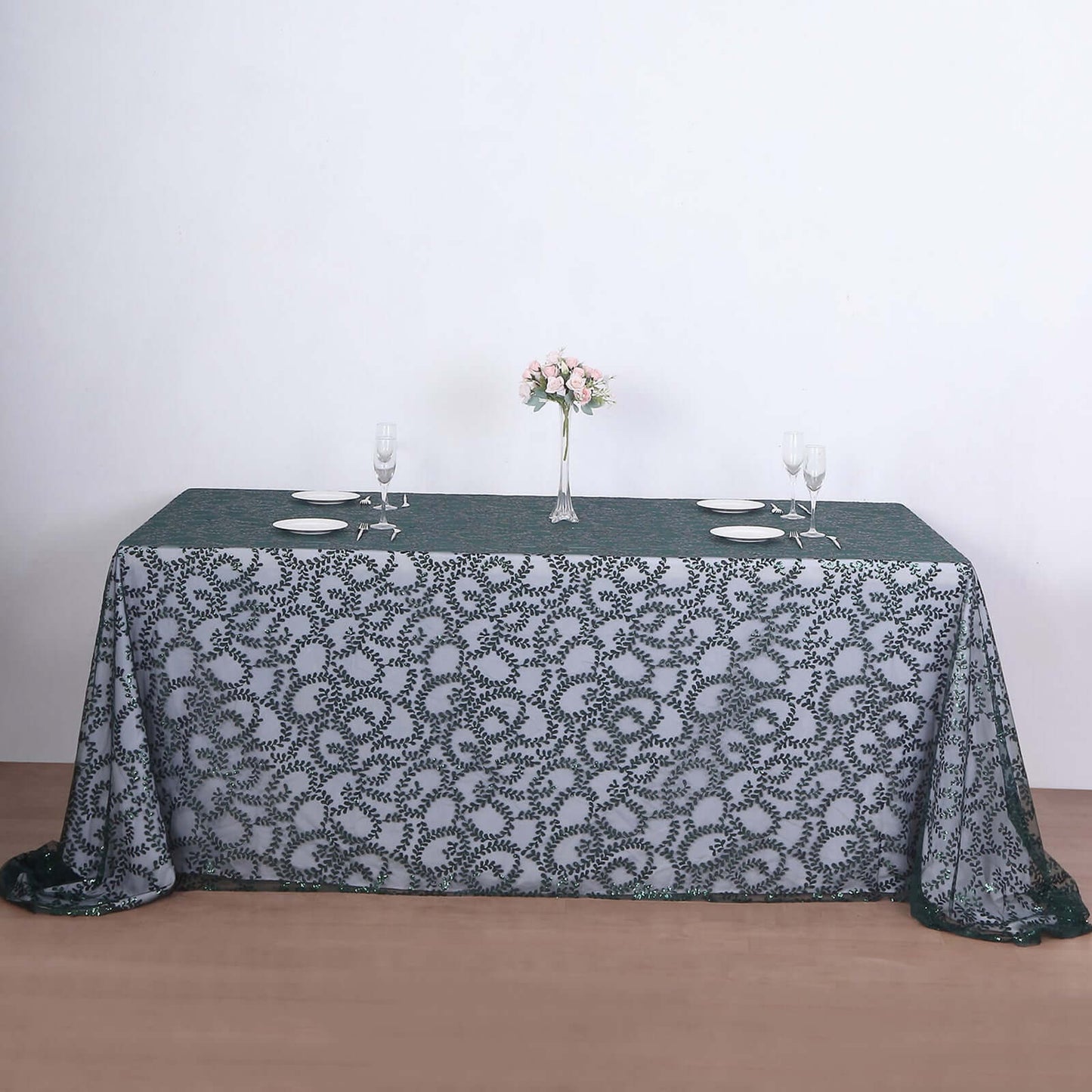 Tulle 90"x156" Rectangle Tablecloth Hunter Emerald Green - Sequin Leaf Embroidered Table Cover