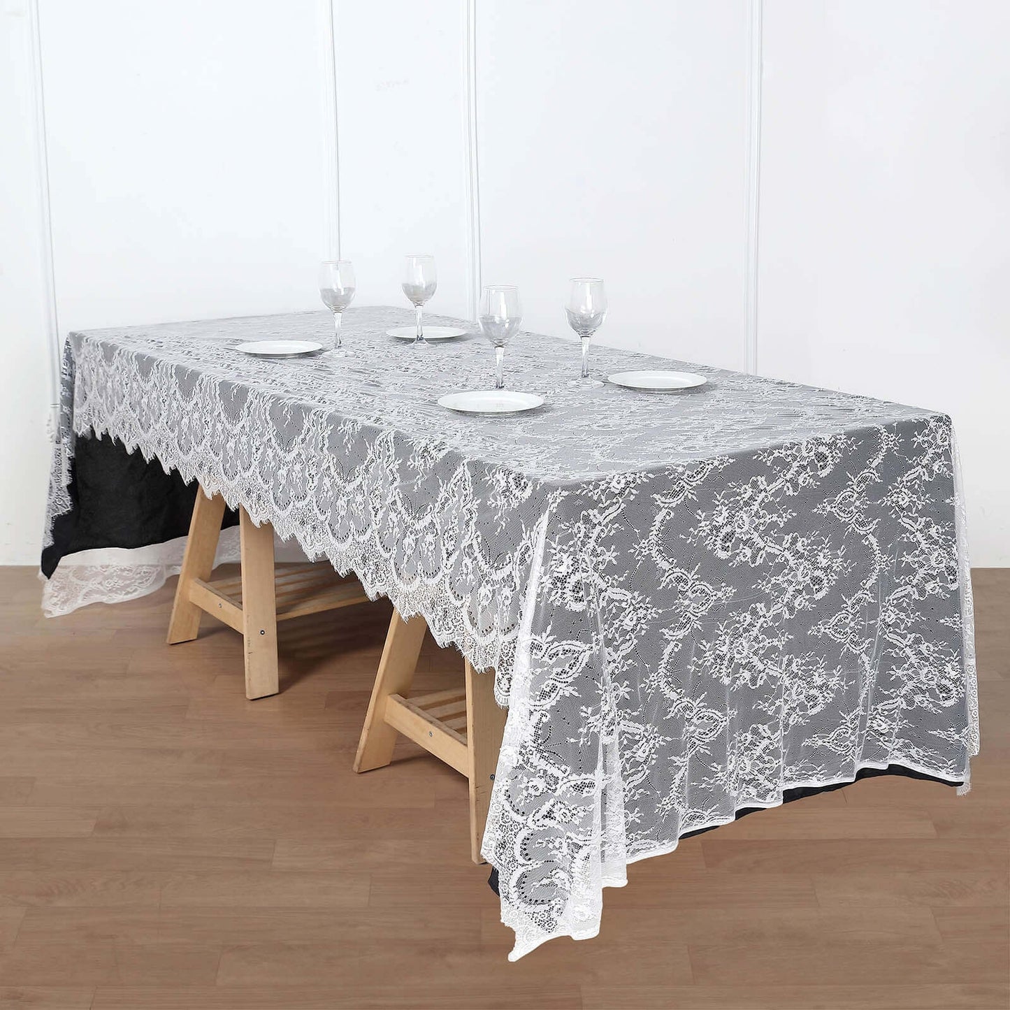 Lace 60"x120" Rectangle Tablecloth White - Vintage Lace Design with Scalloped Frill Edges for Refined Occasions