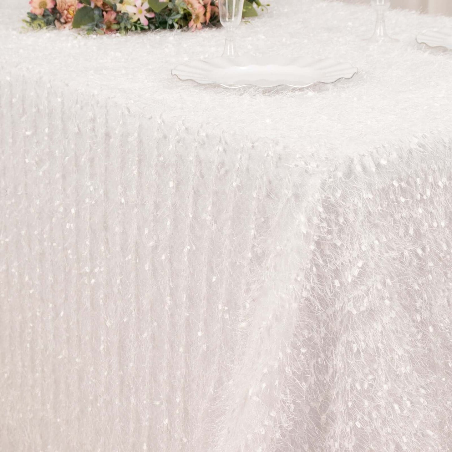 Polyester 90"x156" Rectangle Tablecloth White with Shaggy Fringe Design - Stylish Table Cover