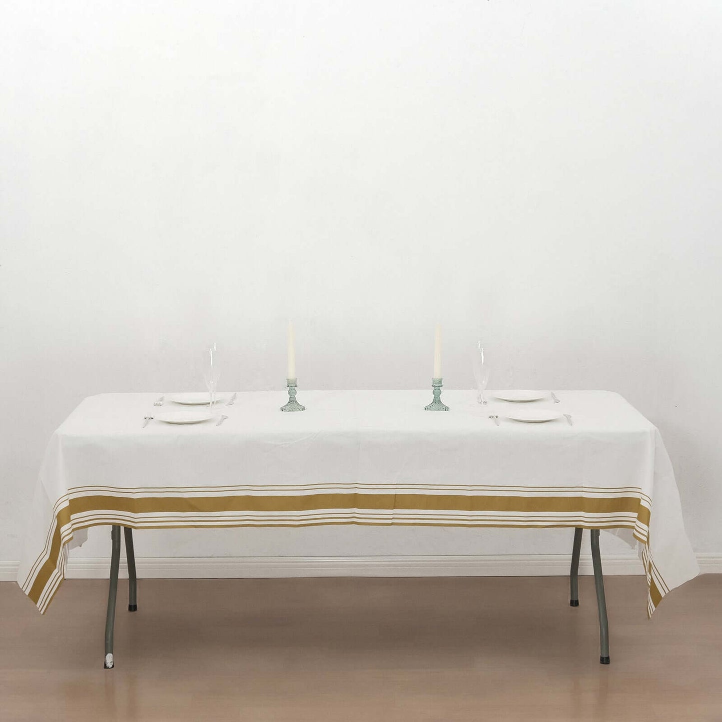 Linen-Like Paper 50"x108" Rectangle Tablecloth White - Disposable Airlaid Table Cover with Gold Striped Border
