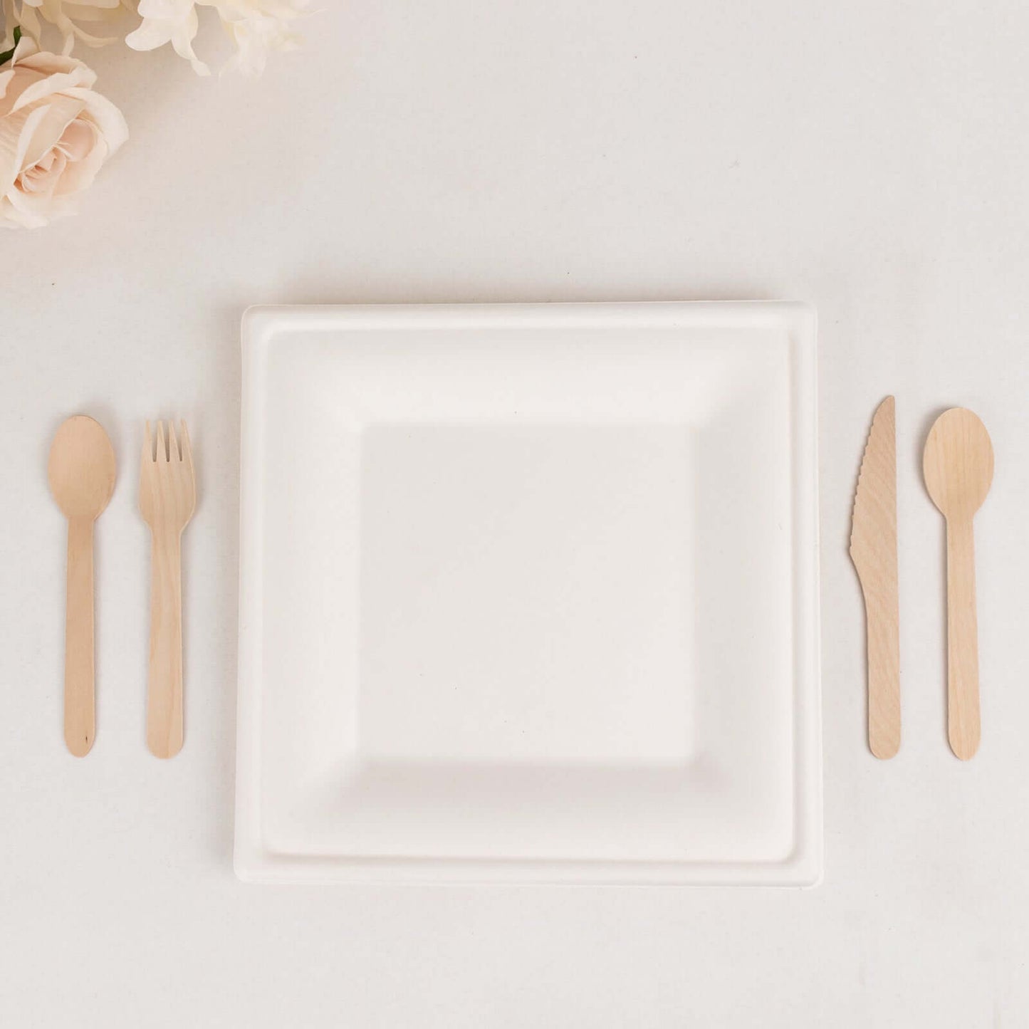 50-Pack Bagasse 10" Square Dinner Plates in White with Wide Rim - Eco Friendly Biodegradable Sugarcane Party Plates for Events