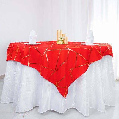 Polyester 54"x54" Table Overlay Square Tablecloth Red with Gold Foil Geometric Pattern - Wrinkle-Resistant & Durable Table Topper
