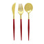 24-Pack Plastic Flatware Set in Metallic Gold with Red Handle - Heavy Duty Disposable Modern Silverware 8"