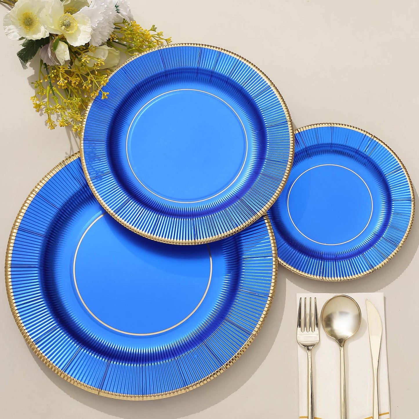 25-Pack Paper 8" Round Dessert Plates in Royal Blue Sunray Design with Gold Rim - Disposable Heavy Duty 350GSM Appetizer Salad Plates