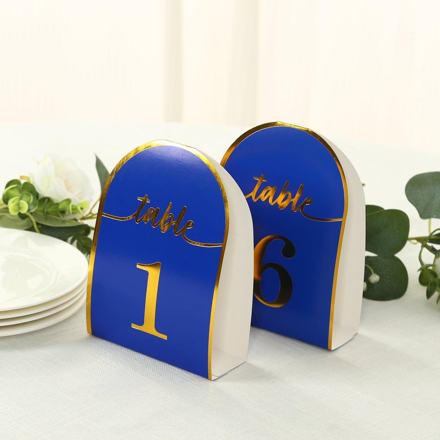 25-Pack 7" Disposable Table Numbers, Royal Blue Free Standing Double Sided Table Number Place Cards with Metallic Gold Foil Numbers 1-25