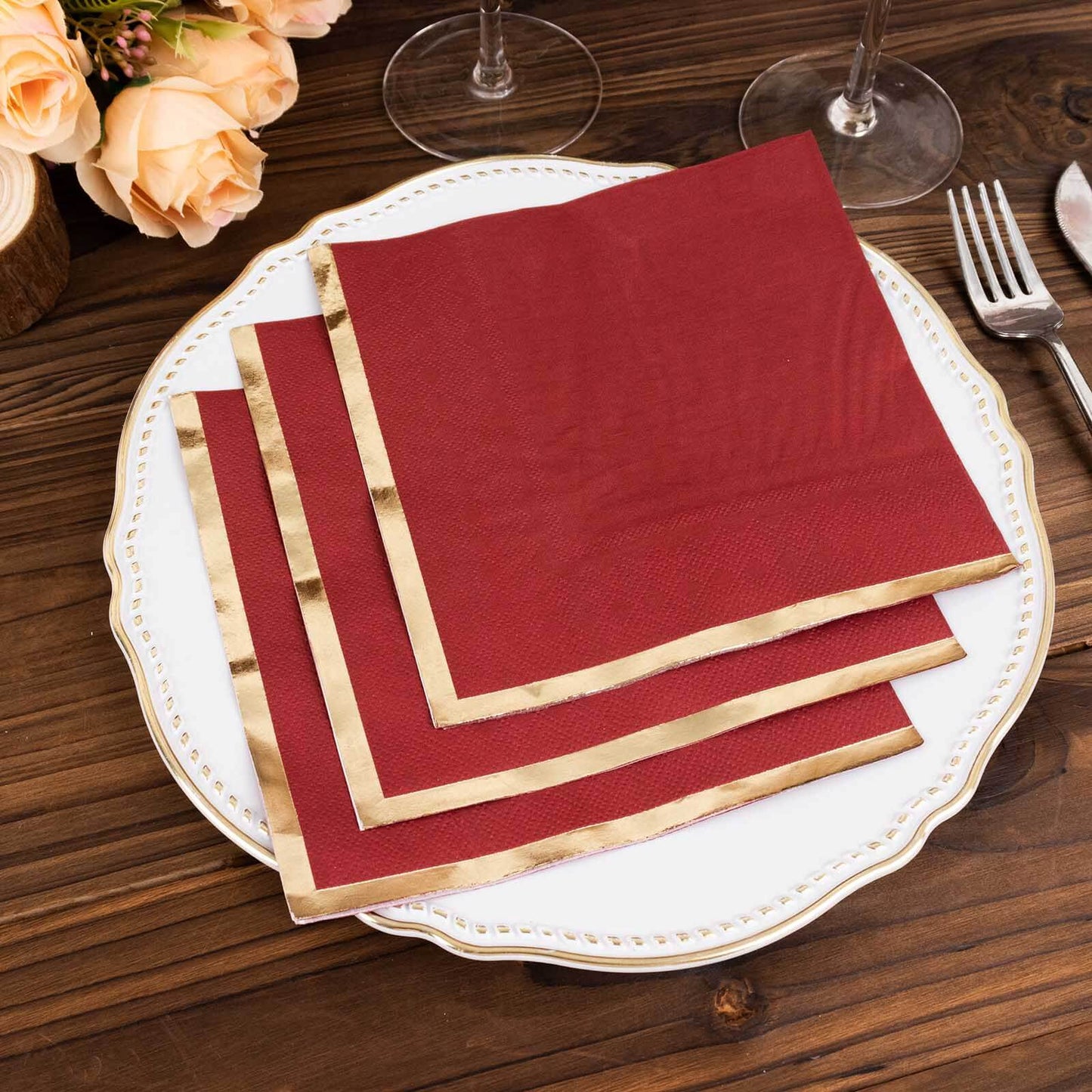 50-Pack Paper Beverage Napkins with Gold Foil Edge Burgundy - Disposable 2 Ply Cocktail Napkins for Events 6.5"x6.5"