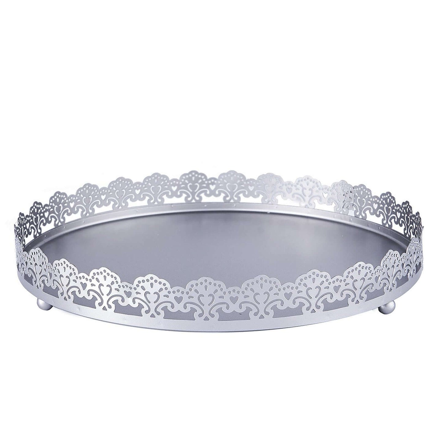 Metal Round Serving Tray 12" in Silver with Embellished Rims, Stylish Decorative Vanity Tray Centerpiece