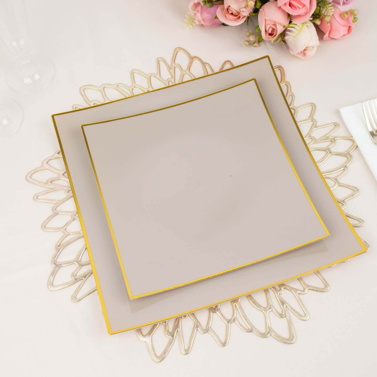 10-Pack Plastic 8" Square Dessert Plates in Taupe Concave Style with Gold Rim - Modern Disposable Salad Appetizer Party Plates