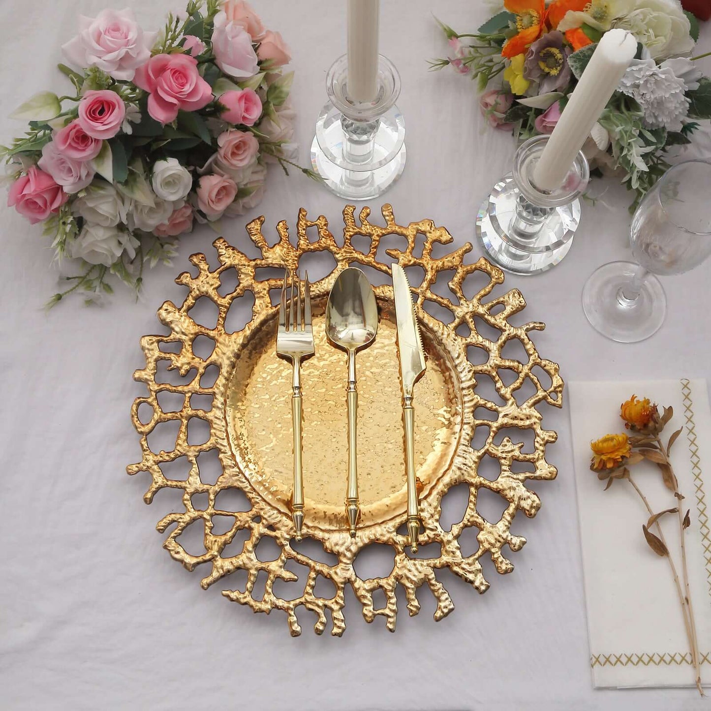 6-Pack Acrylic Round Charger Plates 13" in Gold with Molten Branch Design, Plastic Hollow Lace Decorative Dinner Party Charger Tableware