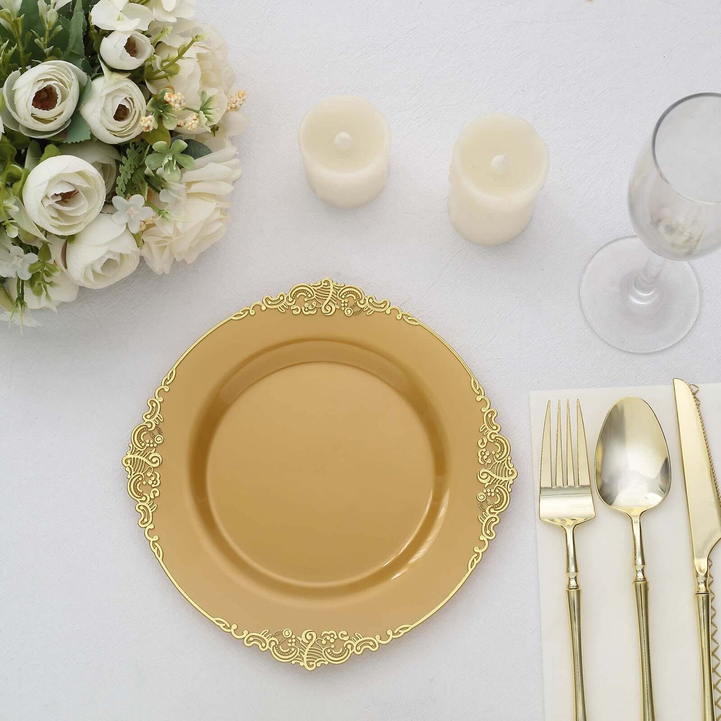 10-Pack Plastic 8" Round Dessert Plates in Gold with Leaf Embossed Rim - Disposable Vintage Baroque Style Salad Plates for Luxurious Gatherings & Events