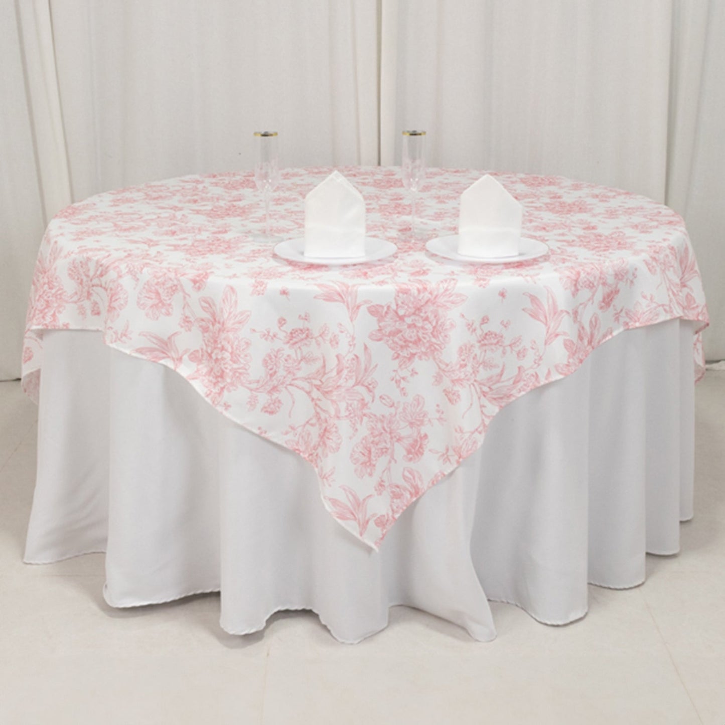 Polyester 70"x70" Table Overlay White - Pink French Toile Pattern for Refined Gatherings