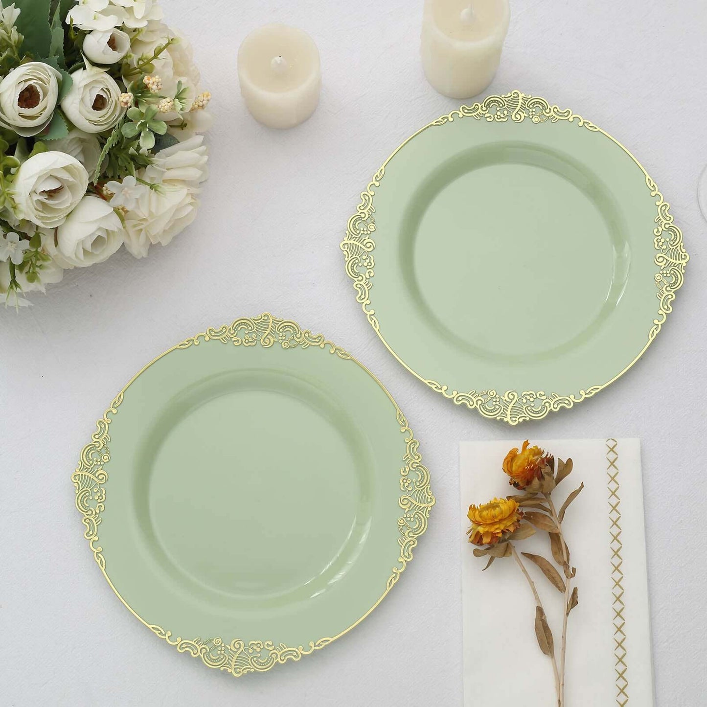10-Pack Plastic 8" Round Dessert Plates in Sage Green with Gold Leaf Embossed Rim - Disposable Vintage Baroque Style Salad Plates