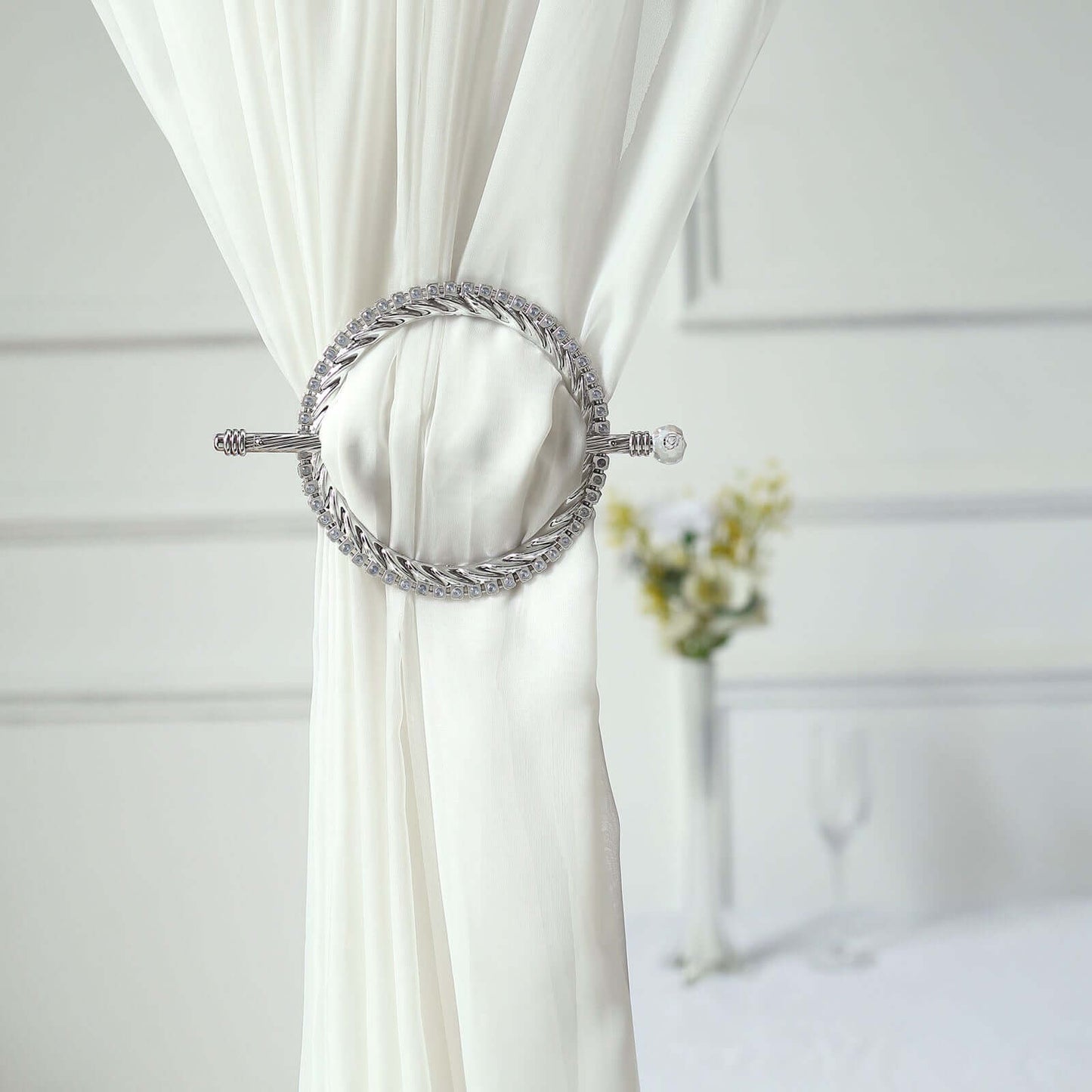 Set of 2 6" Silver Acrylic Braided Barrette Style Curtain Tie Backs With Crystal Diamond Studded Edge, Round Backdrop Drapery Brooch Holdbacks