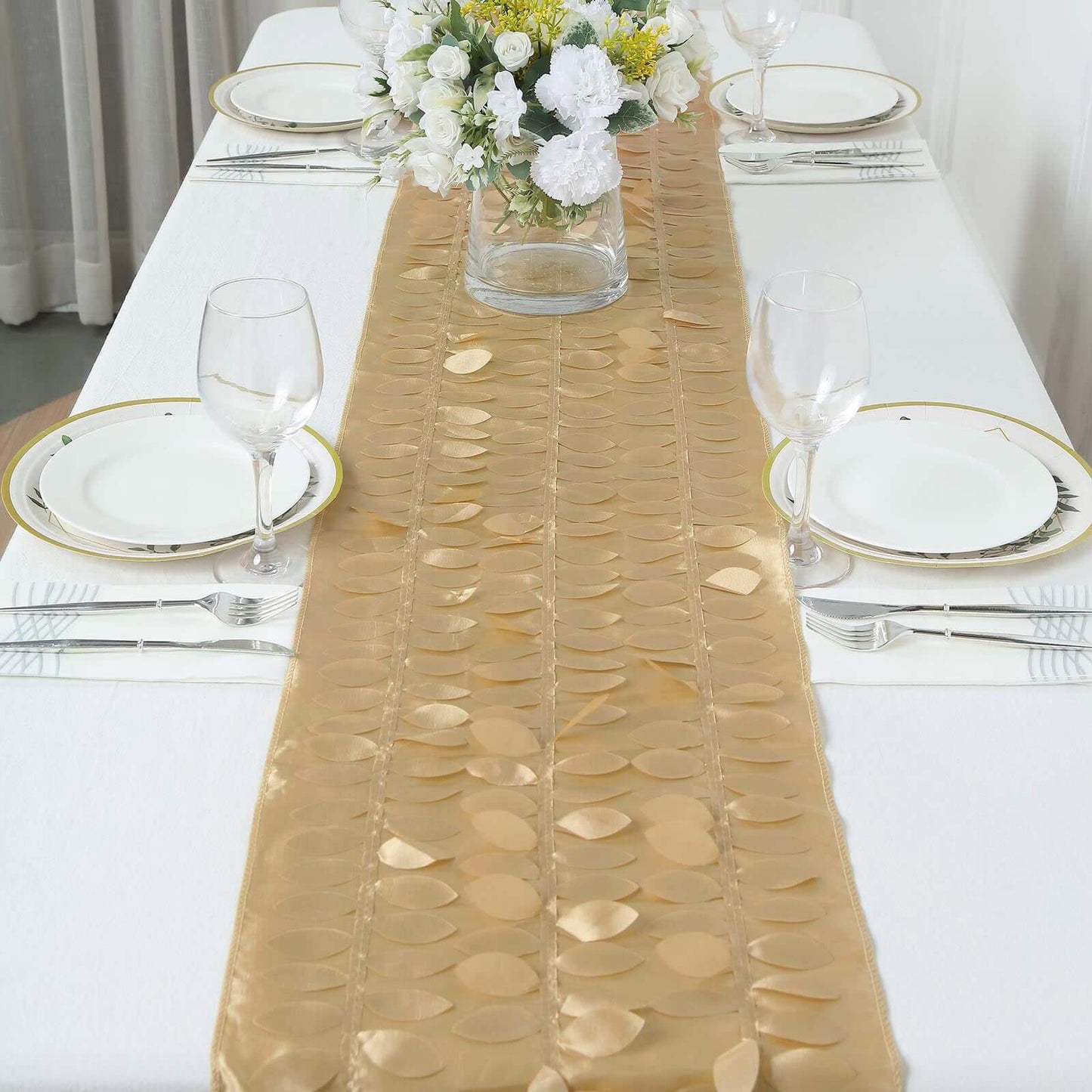 Taffeta Fabric 12"x108" Table Runner Champagne - 3D Leaf Petal Design