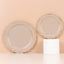 10-Pack Plastic 7" Round Dessert Plates in Taupe with Gold Vintage Embossed Rim - Sturdy Disposable Scalloped Edge Salad Plates