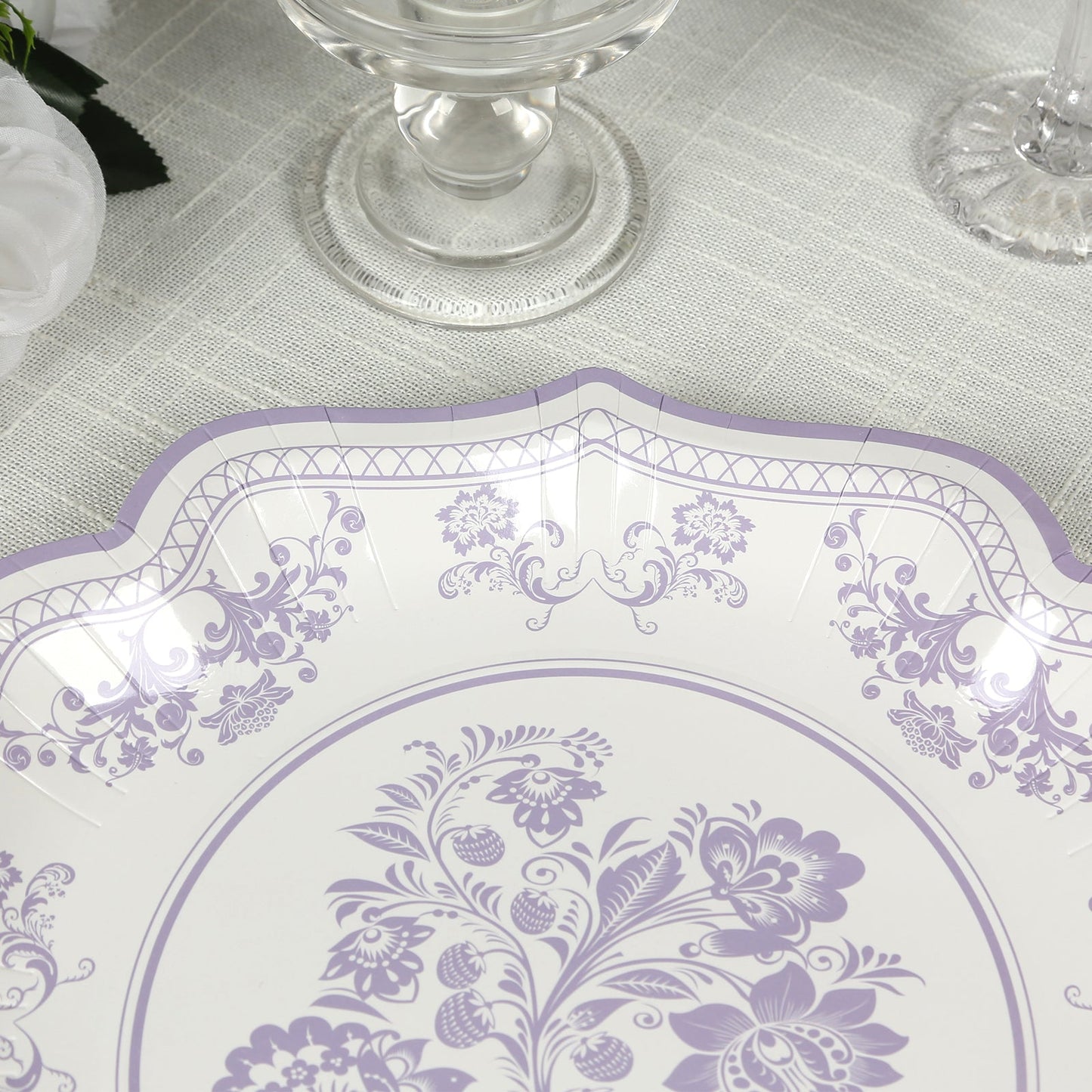 25-Pack Paper Dinner Plates in White Lavender Lilac Damask Floral Print & Scallop Rim - Stylish Disposable 300GSM Floral Party Plates 10"