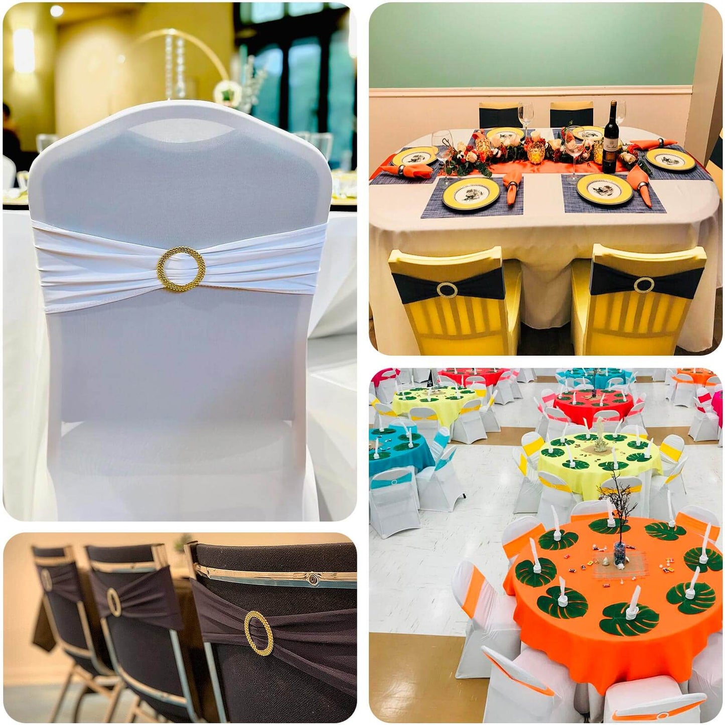 5 Pack Spandex Chair Sashes Burgundy with Gold Rhinestone Buckles - Reusable Four-Way Stretch Sash Bands 5"x14"