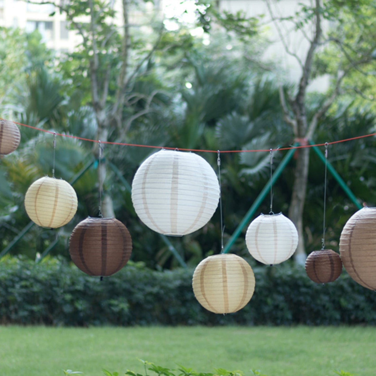 Set of 8 Natural Brown Hanging Paper Lanterns Assorted Sizes, Decorative Round Chinese Sky Lanterns - 6",8",10",14"