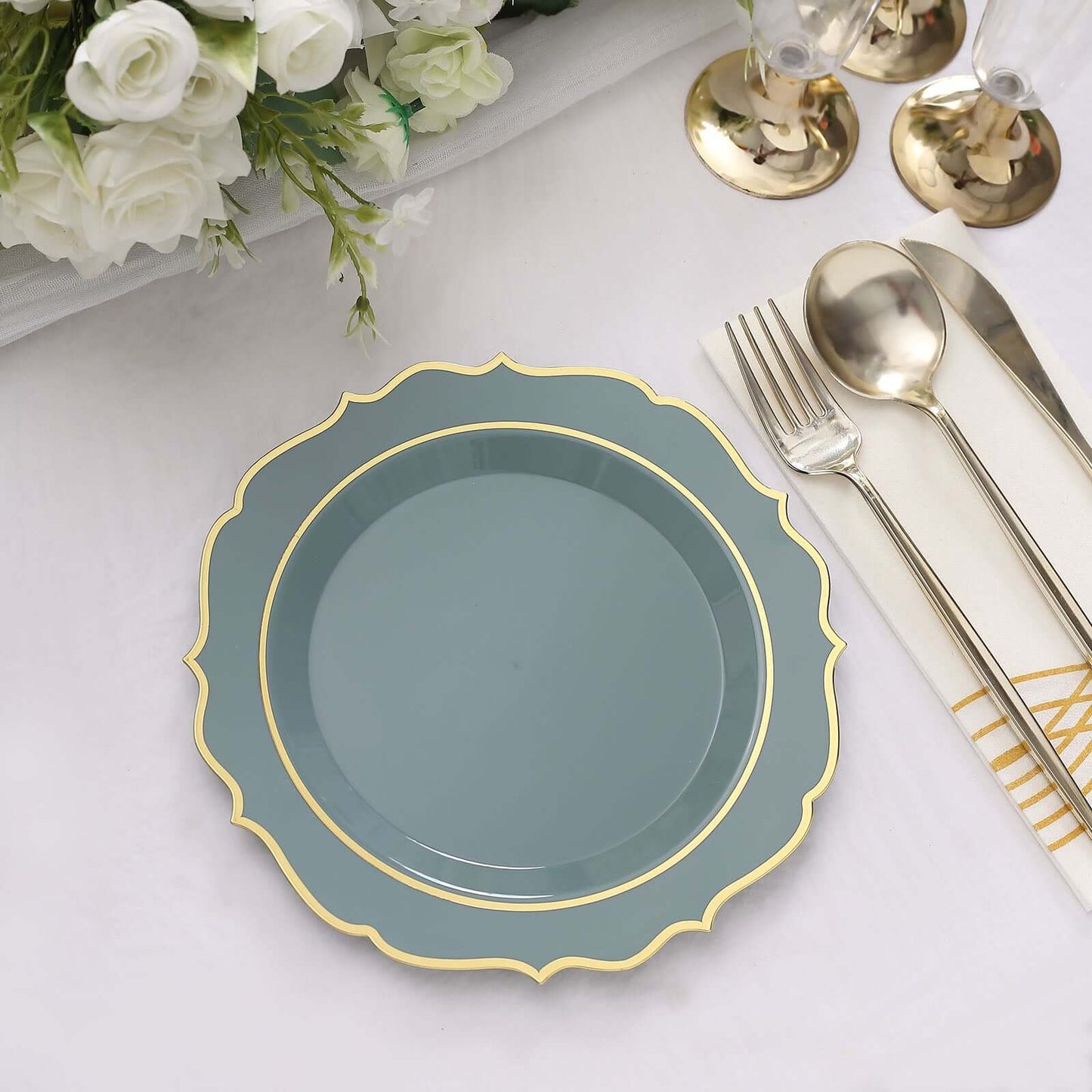 10-Pack Plastic 8" Round Dessert Plates in Dusty Blue with Gold Scalloped Rim - Disposable Appetizer/Salad Plates