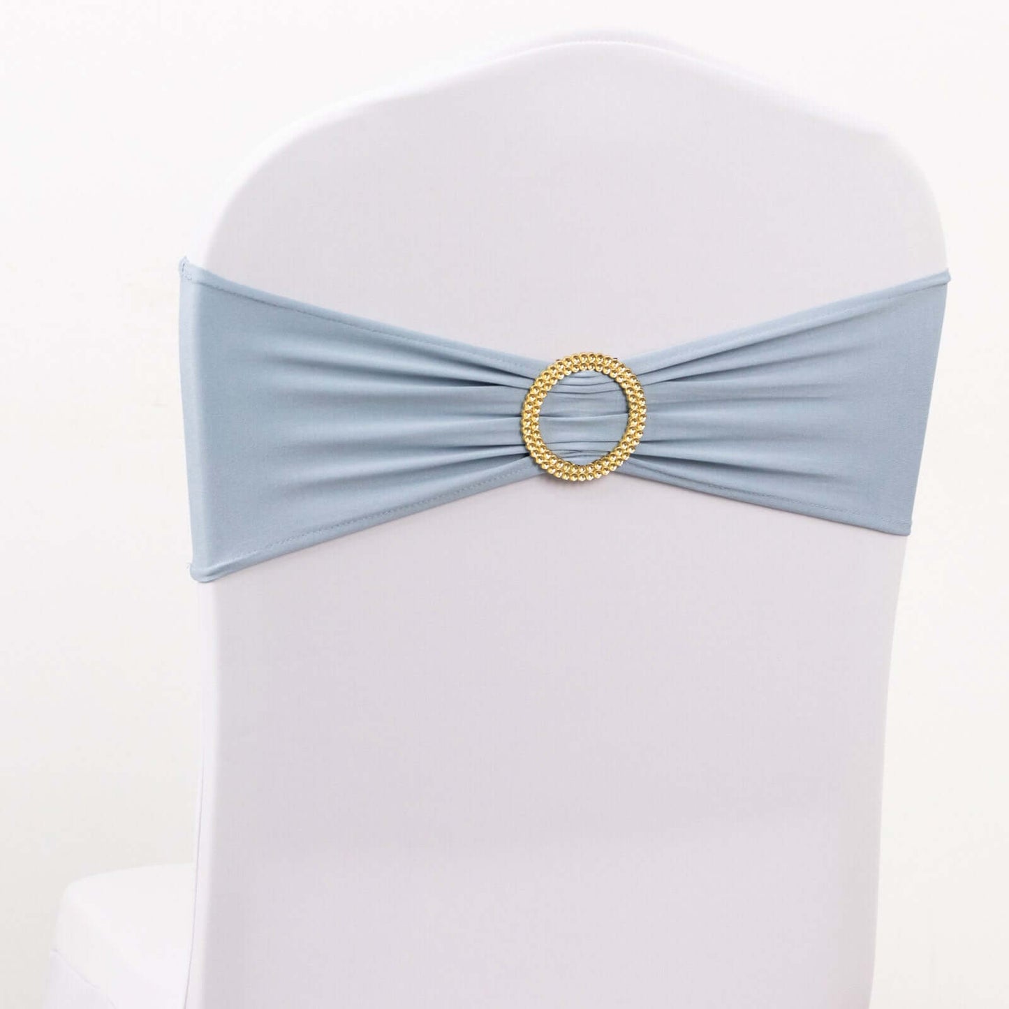 5 Pack Spandex Chair Sashes Dusty Blue with Gold Rhinestone Buckles - Reusable Four-Way Stretch Sash Bands 5"x14"