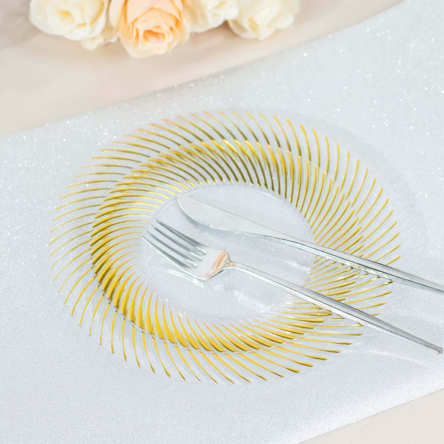 10-Pack Plastic 7" Round Dessert Plates in Clear with Gold Swirl Rim