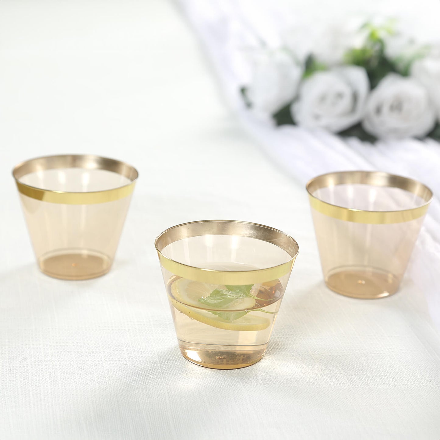 25-Pack Plastic Party Cups Transparent Amber Gold Crystal with Gold Rim - Stylish Short Disposable Glasses 9oz