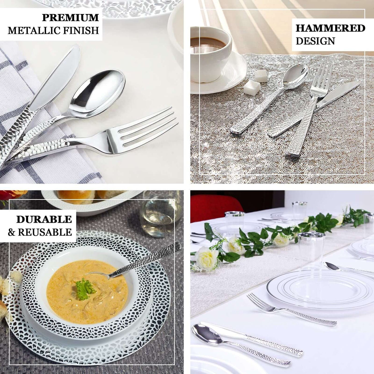 24-Pack Plastic Silverware Set with Hammered Design Silver - Heavy Duty Disposable Utensils 7"