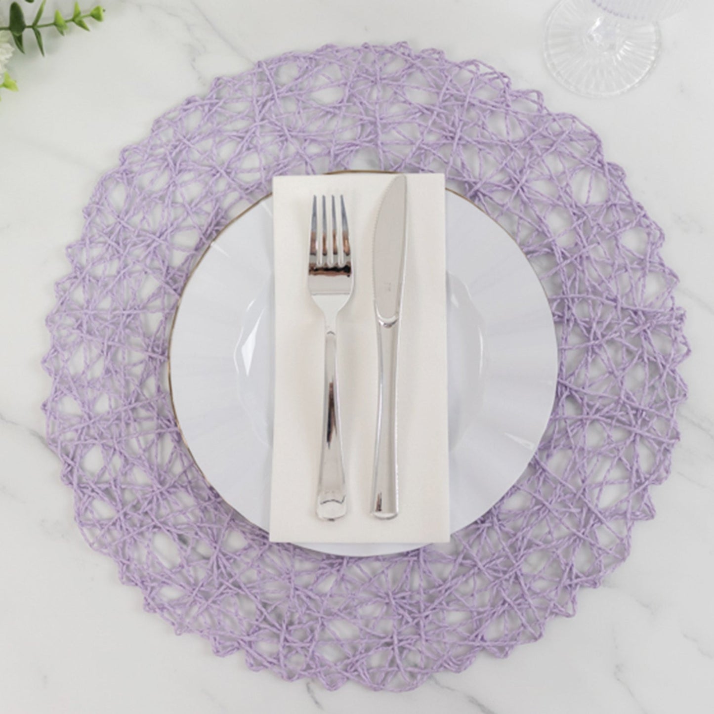 6-Pack Table Placemats Woven Fiber Design Lavender Lilac Round - Disposable Mats for Dining and Events 15"