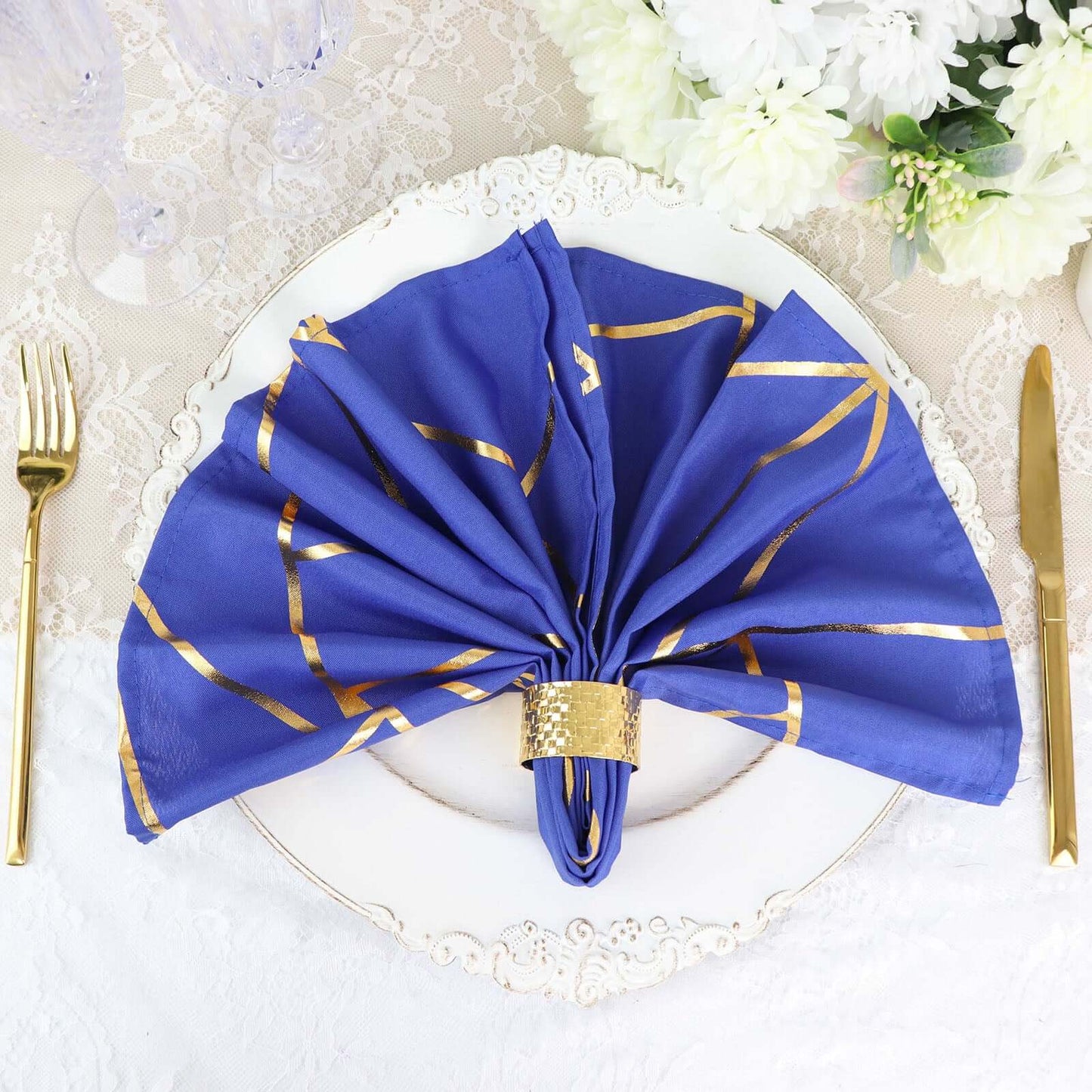 5 Pack Polyester 20"x20" Napkins Royal Blue with Gold Geometric Foil Pattern - Modern Reusable Dinner Napkins