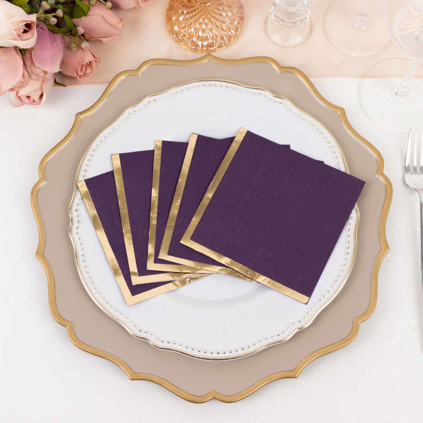 50-Pack Paper Beverage Napkins Purple with Gold Foil Edge - 2 Ply Disposable Soft 18GSM Cocktail Napkins 5"x5"