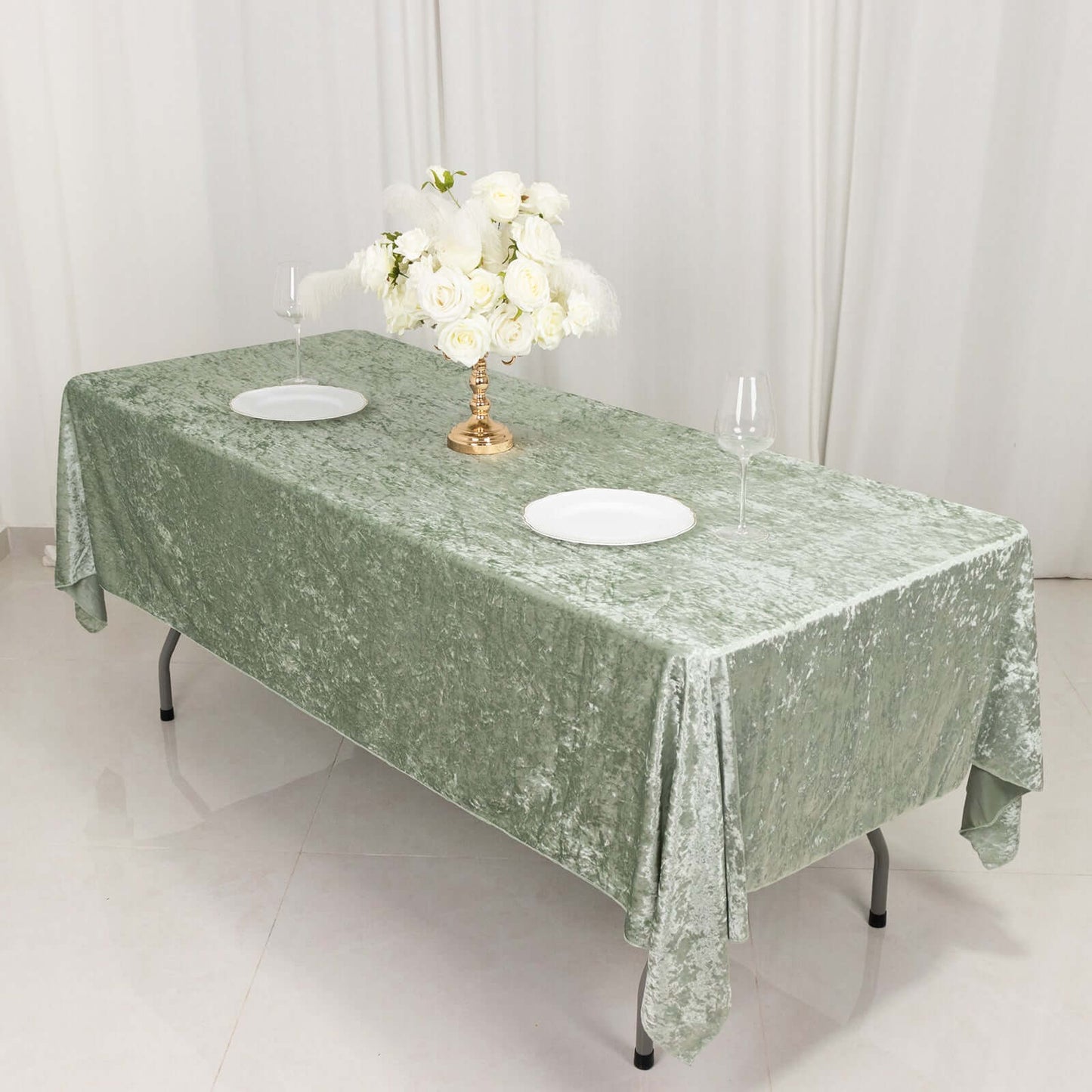 Premium Crushed Velvet 60"x102" Rectangle Tablecloth Sage Green - Reusable Soft Table Cover