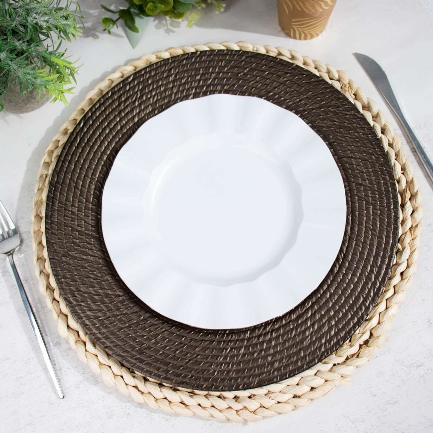 6-Pack Acrylic Round Charger Plates 13" in Natural Brown with Rattan-Like Design, Farmhouse Disposable Plastic Charger Tableware