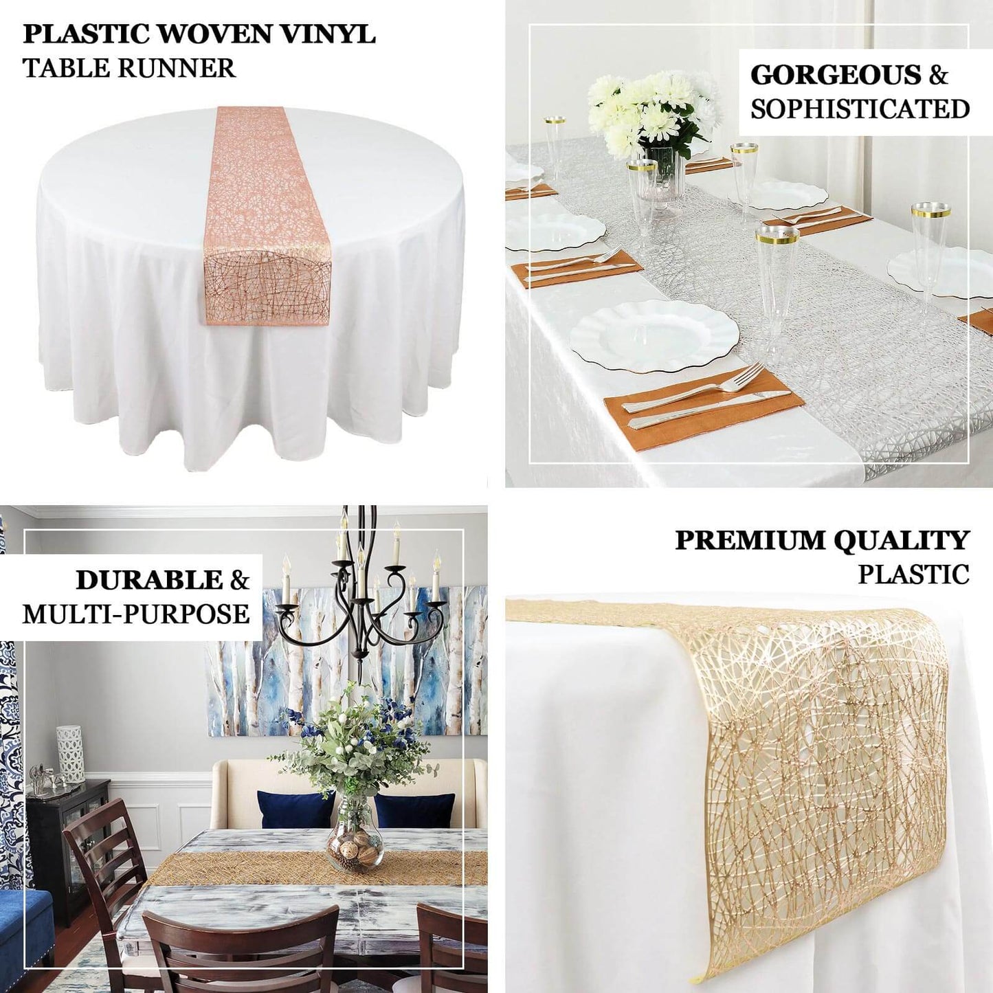 Plastic Woven Vinyl 13"x6ft Table Runner Metallic Rose Gold - Non-Slip & Reversible Tabletop Decor