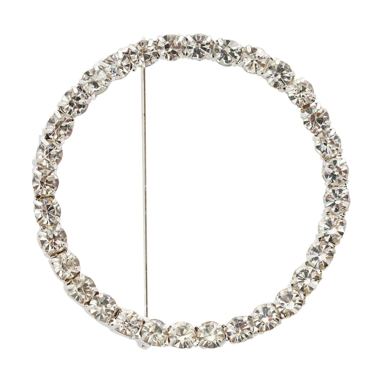 Rhinestone Chair Sash Band Buckle Silver 2" Circle Metal - Glittering Diamond Bow Pin for Chair Sashes & Wedding Decor - Linen Luxes