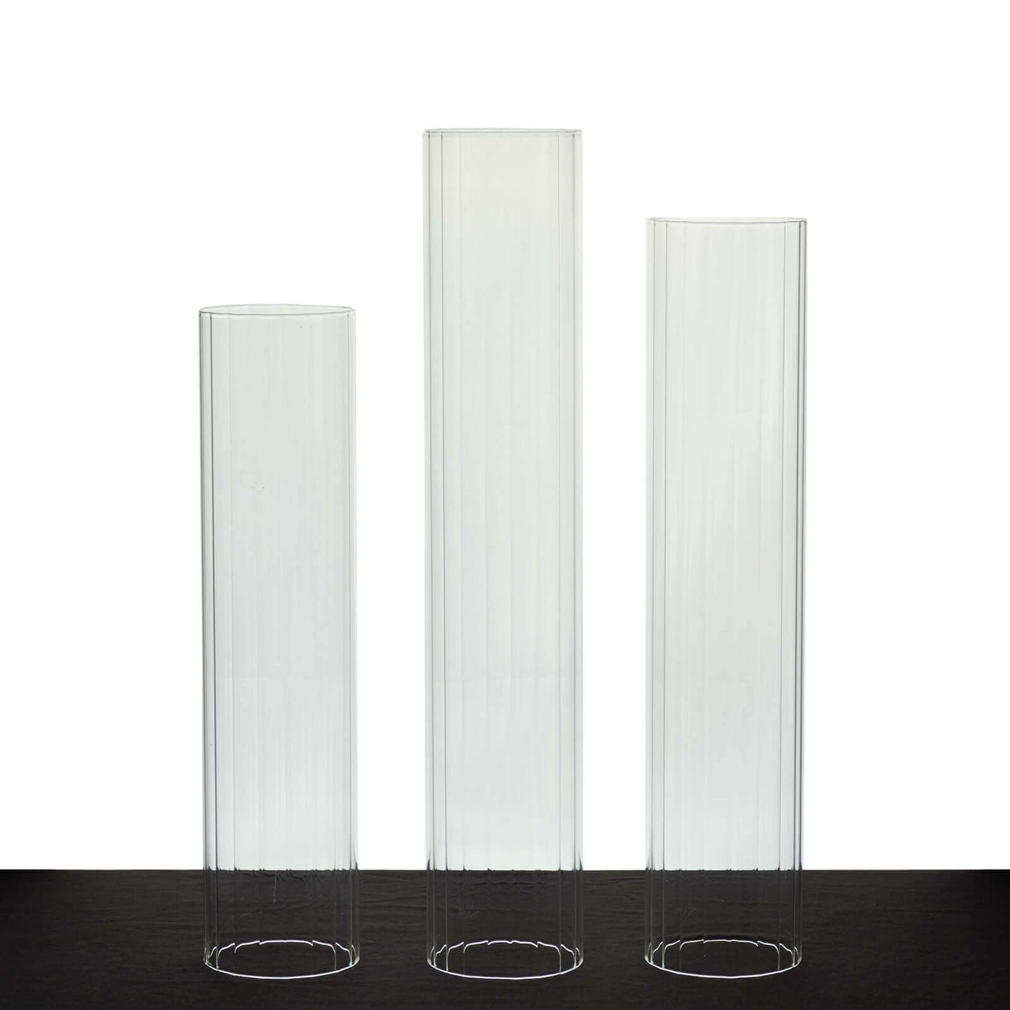 Set of 3 Clear Ribbed Glass Hurricane Shades Open End Design - Stylish Candelabra Pillar Candle Holder Table Centerpiece 15", 17", 19"