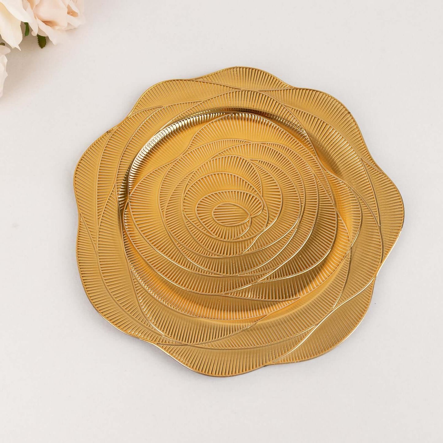 6-Pack Acrylic Round Charger Plates 13" in Metallic Gold with Ribbed Rose Pattern, Event Tabletop Decorative Charger Tableware