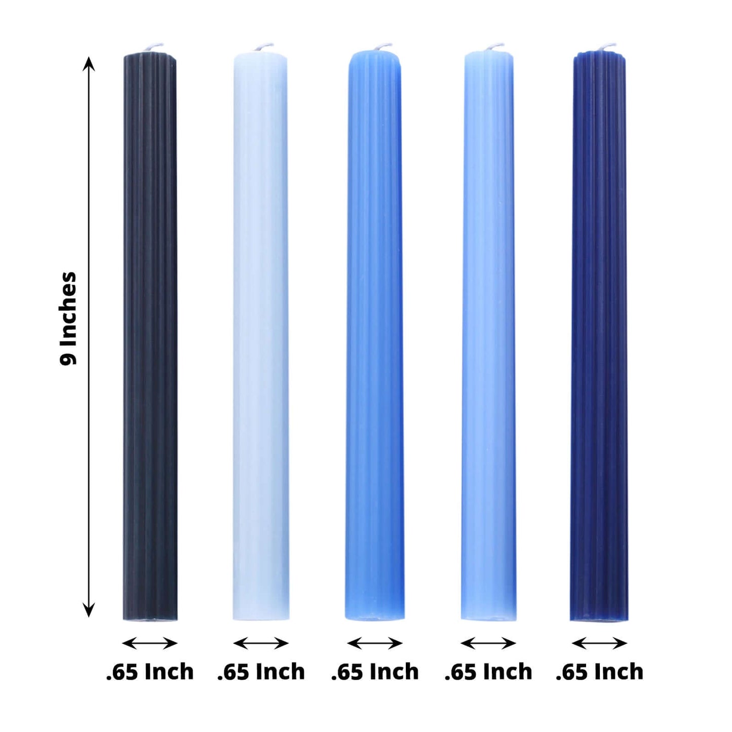 5-Pack Taper Candles Ribbed Wick Ribbon Wax Design Assorted Blue - Premium Unscented Dinner Candles 9"