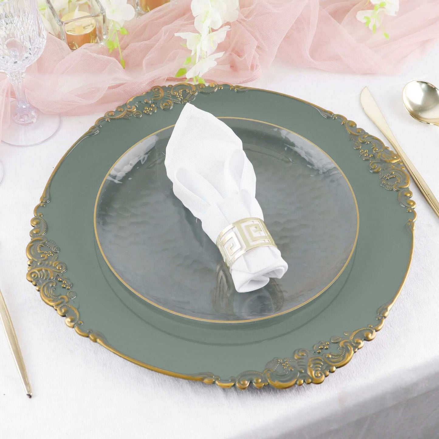 6-Pack Acrylic Round Charger Plates 13" in Olive Green with Gold Embossed Baroque Rim, Antique Decorative Dinner Party Charger Tableware