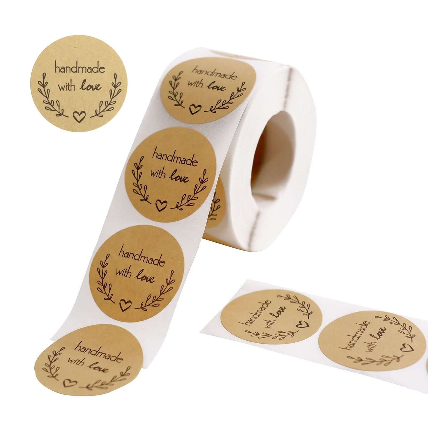 500Pcs 1.5â€ Handmade with Love Olive Branch Stickers Roll, Cookie and Bakery Box Labels - Round