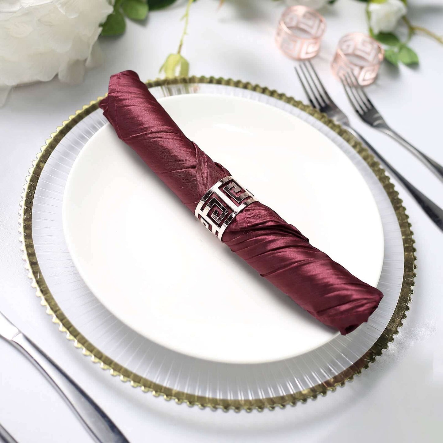 5 Pack Taffeta 20"x20" Napkins Burgundy - Accordion Crinkle Dinner Napkins