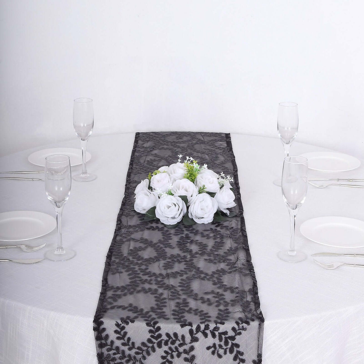 Mesh 12"x108" Table Runner Black - Leaf Vine Embroidery