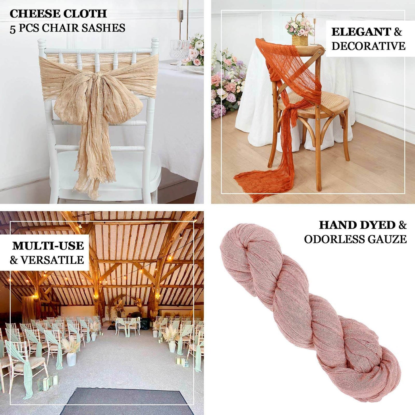 5 Pack Cheesecloth Gauze 16"x88" Chair Sashes Dusty Rose - Stylish Boho Decor for Weddings & Gatherings
