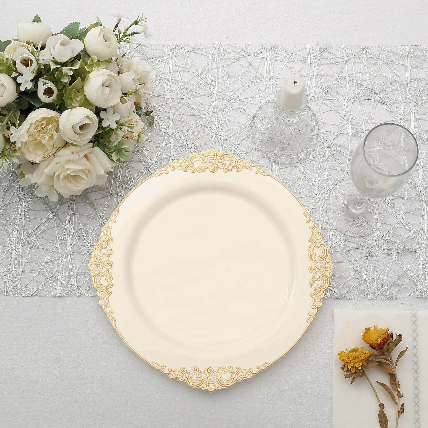 10-Pack Plastic 10" Round Dinner Plates in Ivory with Gold Leaf Embossed Rim - Disposable Vintage Baroque Style Plates